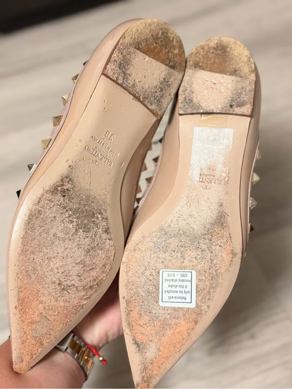 Valentino Garavani Nude Pink Patent Leather Rockstud Pointed Flats